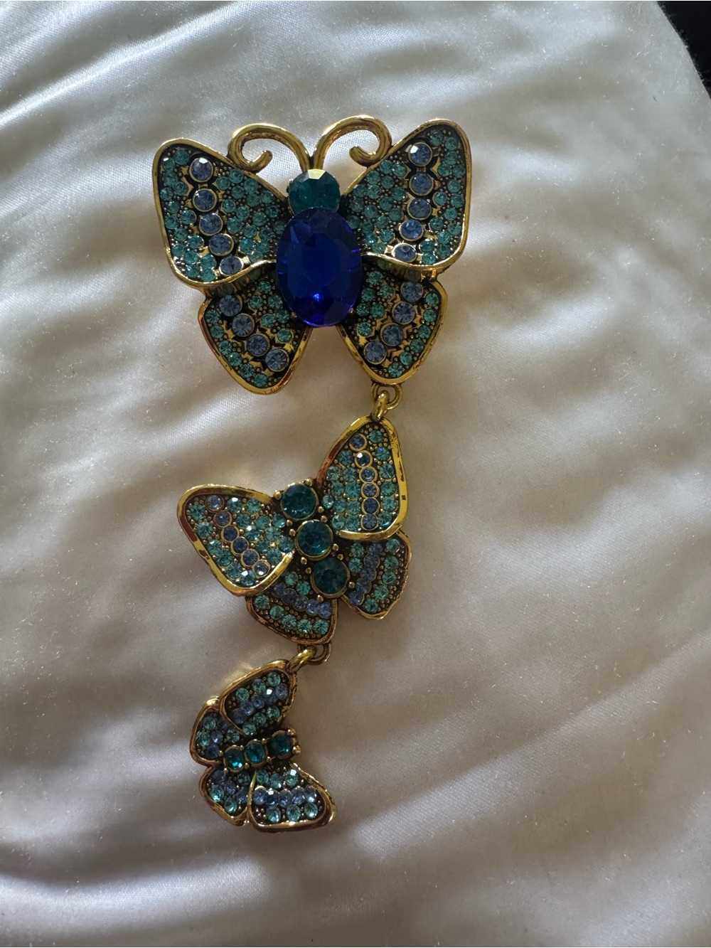 Gold-Tone Blue & Teal Butterfly Drop Brooch